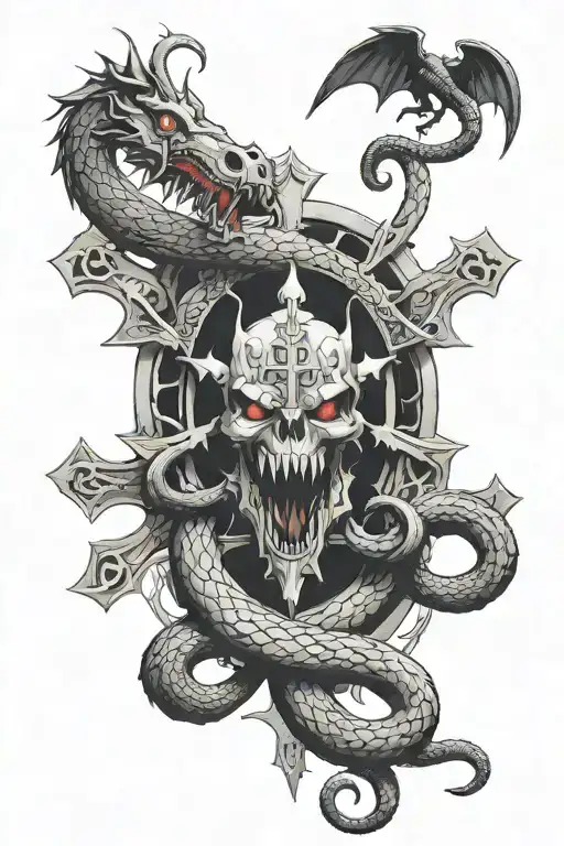Crosses, dragon and snake and raven, Middle Ages, Cell Cathedral, mouth with teeth, eyes, blood and soul  tattoo design idea