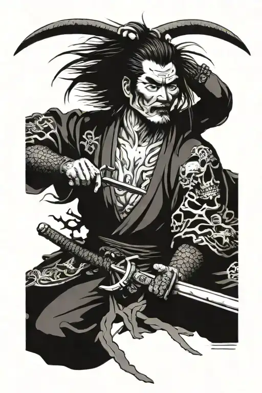 The Samurai and the Dragon and Skulls, Death and Swords  tattoo design idea