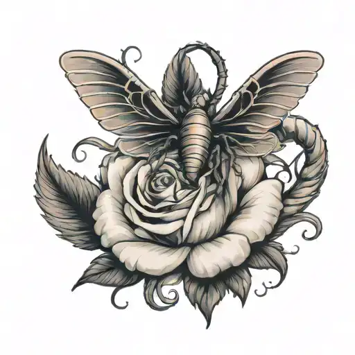 a rose with scorpion and a pheniox wings wrapped loosely tattoo design idea