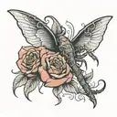 a red rose with scorpion and a pheniox wings wrapped loosely tattoo design idea