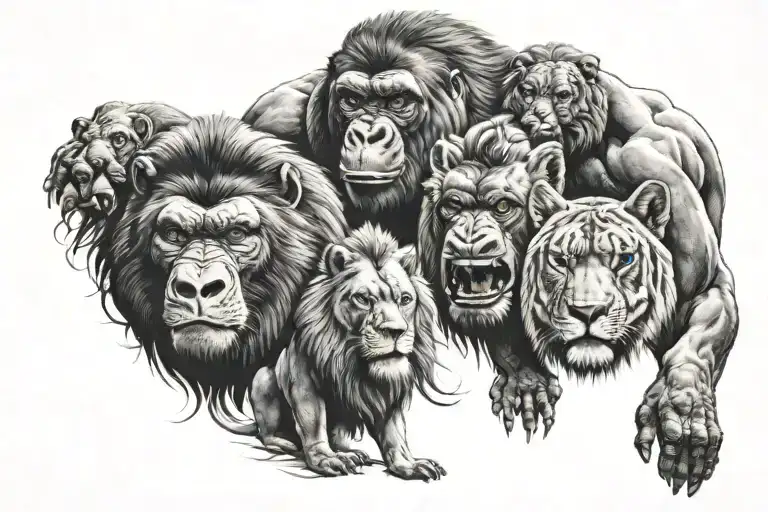 gorilla with lion and a wolf tattoo design idea
