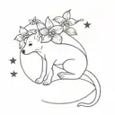 canine fetus in front of forget-me-not flowers with stars around tattoo design idea