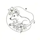 canine fetus in front of forget-me-not flowers with stars around tattoo design idea