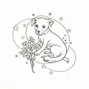 canine fetus in front of forget-me-not flowers with stars around tattoo design idea
