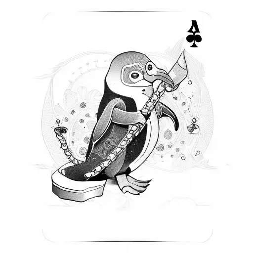 penguen trapped in a playing card tattoo design idea