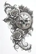 A sleeve tattoo featuring a skull with clock gears as eyes and roses intertwined in the design tattoo design idea
