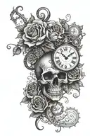 A sleeve tattoo featuring a skull with clock gears as eyes and roses intertwined in the design tattoo design idea