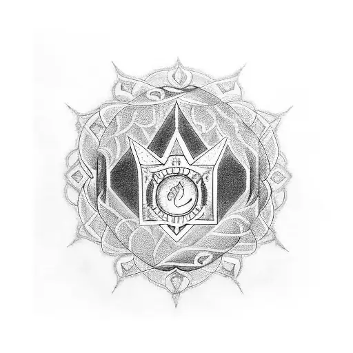 A blackwork tattoo of a crystal with the birth date of your daughter and a symbol representing Hecate, surrounded by the New Orleans cityscape tattoo design idea