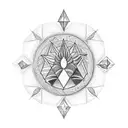 A blackwork tattoo of a crystal with the birth date of your daughter and a symbol representing Hecate, surrounded by the New Orleans cityscape tattoo design idea