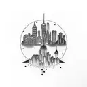 A dotwork tattoo incorporating the birth date of your daughter, a representation of Ogou, and the New York City skyline tattoo design idea