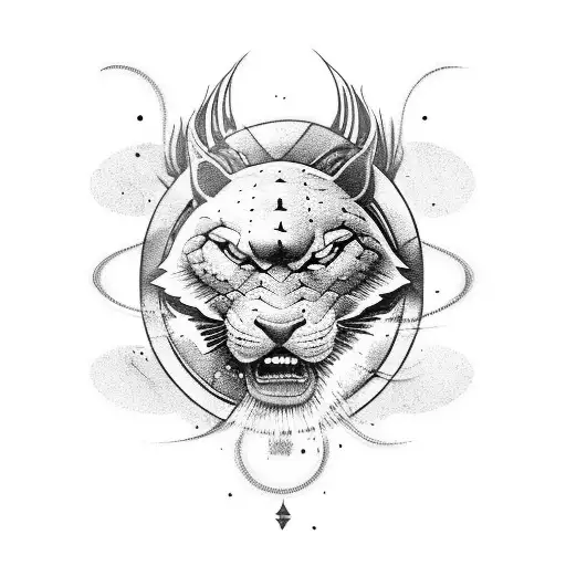 cigana segurando uma carta do sol, uma carta da lua e uma carta da pantera tattoo design idea