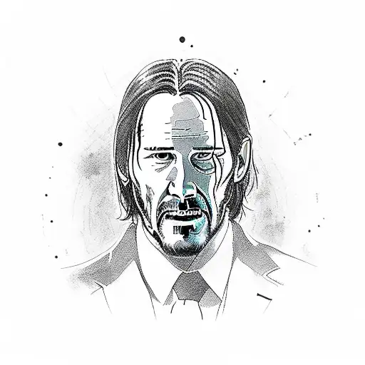 A detailed portrait of John Wick with elements of chainsaw man tattoo design idea