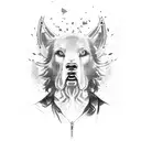 A detailed portrait of John Wick with elements of chainsaw man tattoo design idea