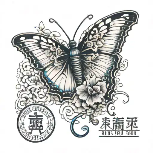 a 3d butterfly with the date of a deceased person 24.05.2023 tattoo design idea