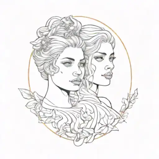 Gemini card with 2 female faces one looking tattoo design idea