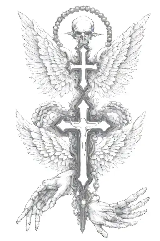 devil wing one side and angel wing other side with hands at bottom holdin beaded necklace that has a cross on it hanging tattoo design idea