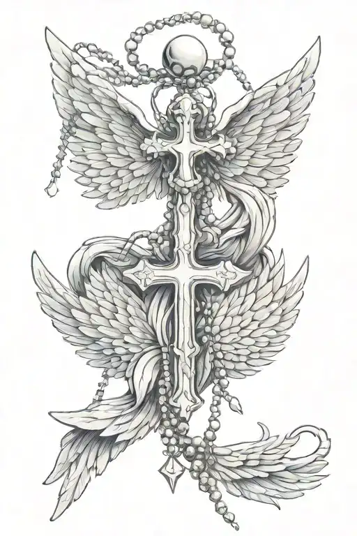 devil wing one side and angel wing other side with hands at bottom with a beaded necklace that has a cross on it hanging tattoo design idea