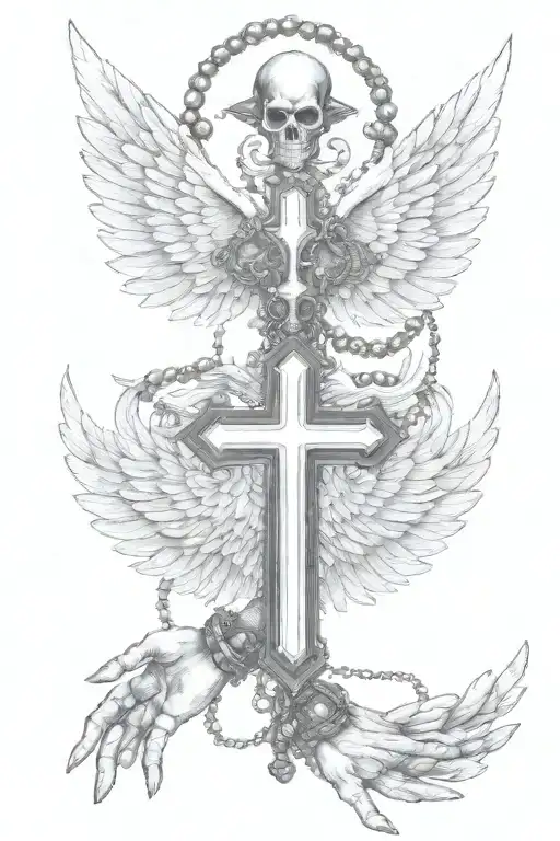 half devil wing half angel wing hands holding a beaded necklace with a cross  tattoo design idea