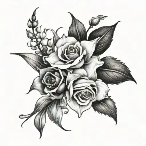 rose, snowdrop, lily of the valley bouquet tattoo design idea