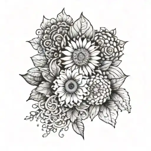 A mandala design incorporating various flowers like daisy's and mums, symbolizing balance and harmony tattoo design idea