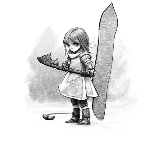 little girl facing away holding battleaxe behind her back tattoo design idea
