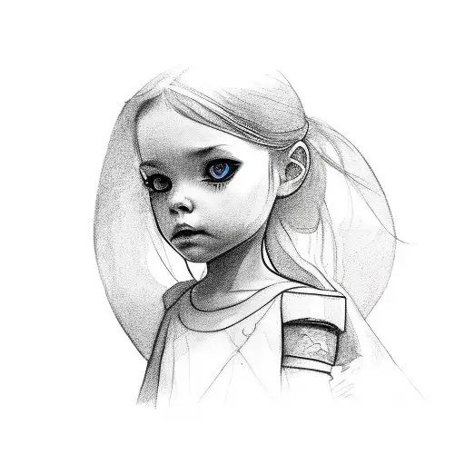 little girl facing away wearing a sundressholding battleaxe behind her back, far away point of view tattoo design idea