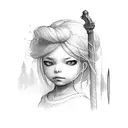 little girl facing away holding battleaxe behind her back tattoo design idea