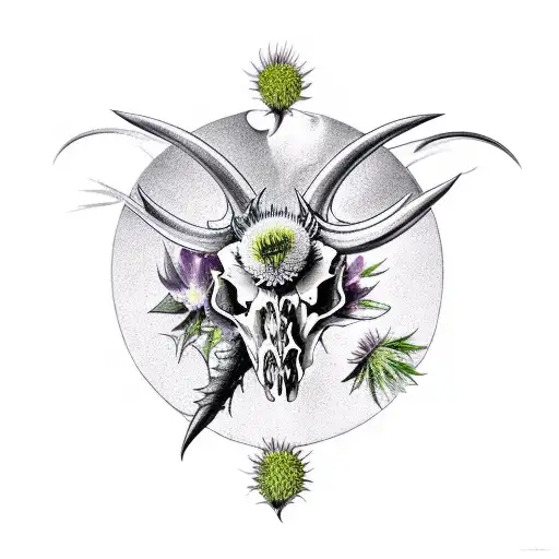 A bouquet of hellebore, thistle, blackthorne and foxglove growing out of a cows skull hummingbird tattoo design idea