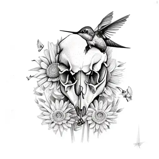 A bouquet of  with a cow skull and a hummingbird tattoo design idea