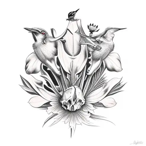 A bouquet of hellebore, thistle, blackthorne and foxglove growing out of a cows skull with a hummingbird drinking  tattoo design idea