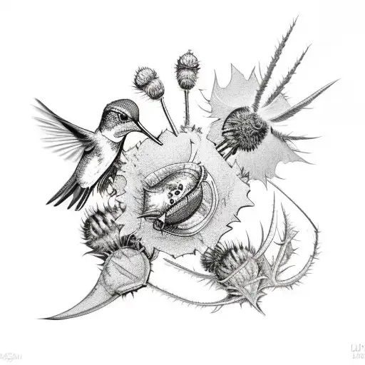 A bouquet of thistle and Blackthorn with a cow skull and a hummingbird tattoo design idea