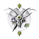 A bouquet of hellebore, thistle, blackthorne and foxglove growing out of a cows skull hummingbird tattoo design idea