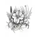 A bouquet of hellebore, thistle, blackthorne and foxglove growing out of a cows skull hummingbird tattoo design idea