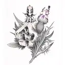 A bouquet of hellebore, thistle, blackthorne and foxglove growing out of a cows skull hummingbird tattoo design idea