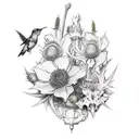 A bouquet of hellebore, thistle, blackthorne and foxglove growing out of a cows skull hummingbird tattoo design idea