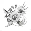 A bouquet of thistle and Blackthorn with a cow skull and a hummingbird tattoo design idea