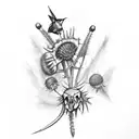A bouquet of thistle and Blackthorn with a cow skull and a hummingbird tattoo design idea