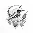 A bouquet of thistle and Blackthorn with a cow skull and a hummingbird tattoo design idea