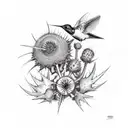 A bouquet of thistle and Blackthorn with a cow skull and a hummingbird tattoo design idea