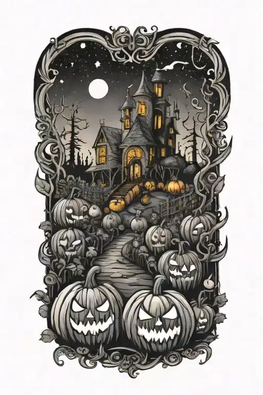 A whimsical Tim Burton-inspired pumpkin patch with Harry Potter elements intertwined tattoo design idea
