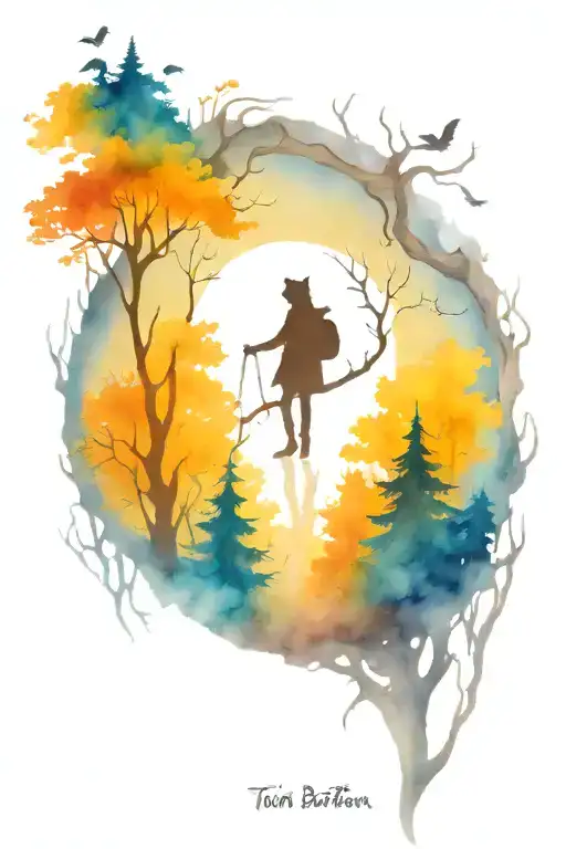 A hauntingly beautiful Tim Burton-inspired tattoo of a dark forest with twisted trees and mysterious creatures, featuring hidden references to the client's favorite books and movies tattoo design idea