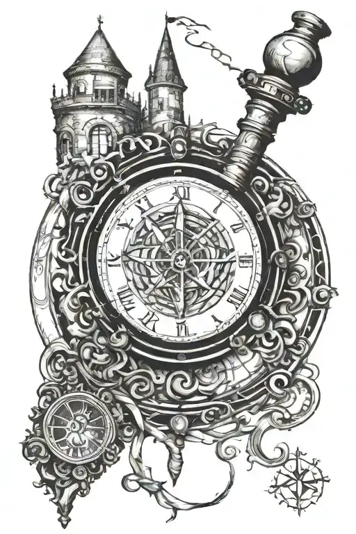 hogwarts, time turner, wand in tim burton style tattoo design idea