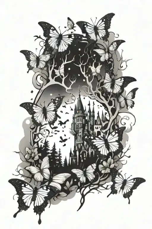 A Harry Potter inspired tattoo of a magical forest with butterflies and puzzle pieces scattered throughout tattoo design idea