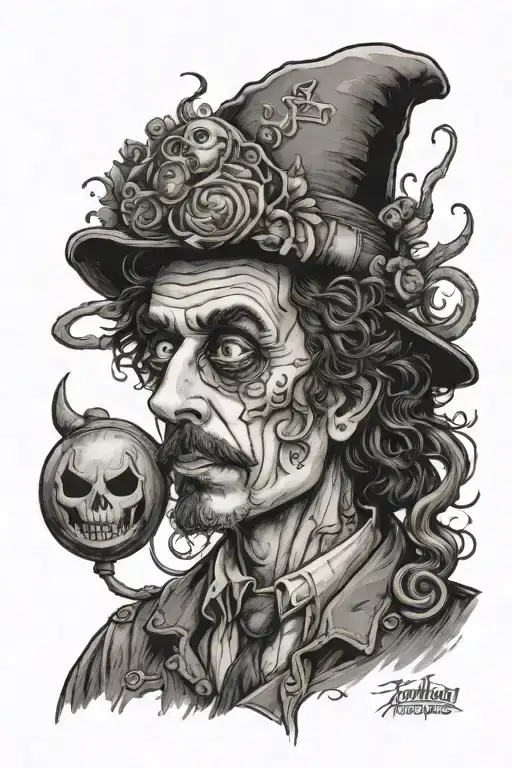 A hauntingly beautiful Tim Burton inspired portrait of a camp director with Halloween motifs tattoo design idea