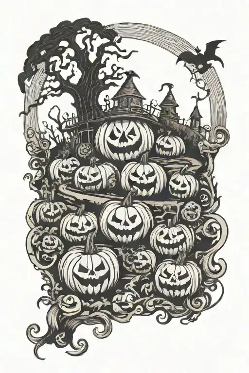 A spooky Tim Burton inspired tattoo design featuring a haunted pumpkin patch with eerie creatures tattoo design idea