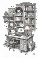 A Tim Burton inspired design featuring a teacher's desk with Disney and Harry Potter elements tattoo design idea