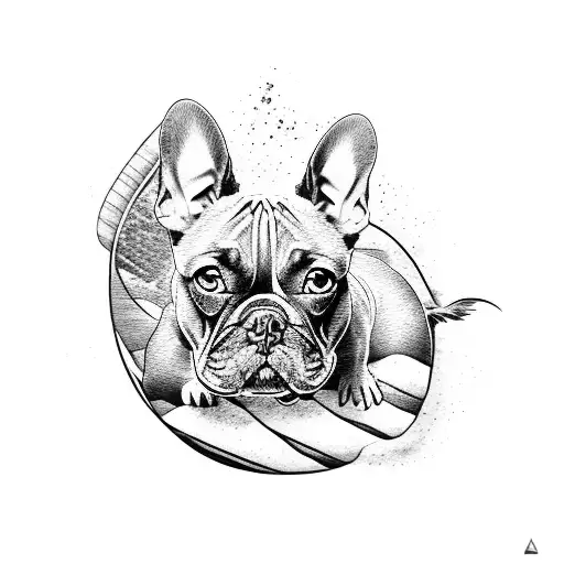 A black-grey tattoo of a French bulldog surfing on a wave tattoo design idea