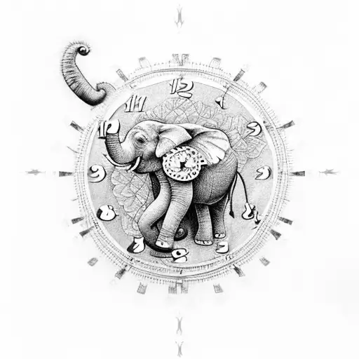 An elephant made of clock gears, with blue roses and sunflowers sprouting from its back tattoo design idea