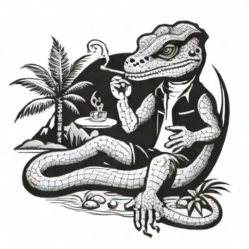 cartoon old school lizard smoking a cigare on a desert island tattoo design idea