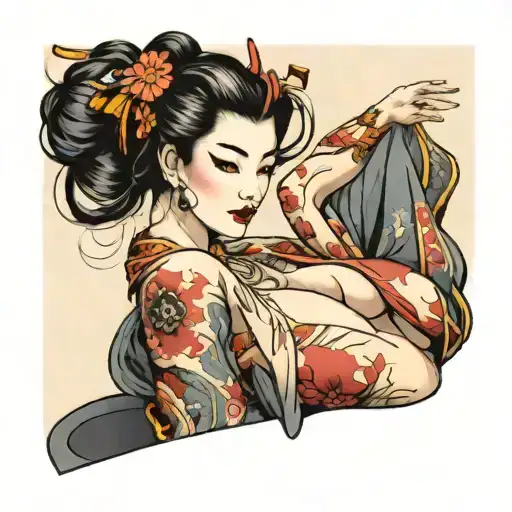 Risque geisha baring her breast and bare shoulder tattoo from a side angle tattoo design idea